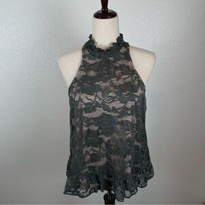EXPRESS Boho Olive Green Rose Lace High-neck Racerback Peplum Bottom Blouse M